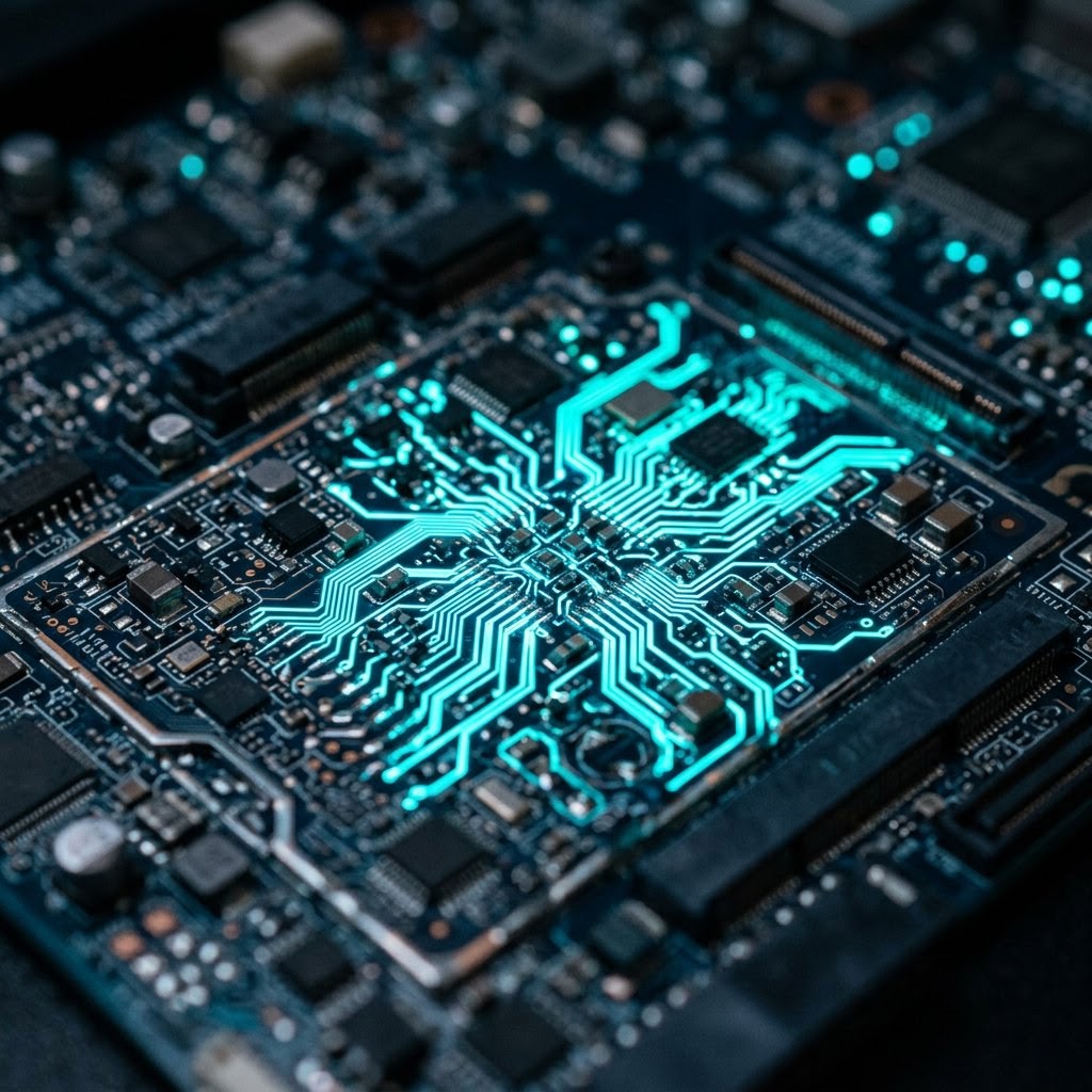 Close up of a dark blue circuit board representing custom AI architecture.