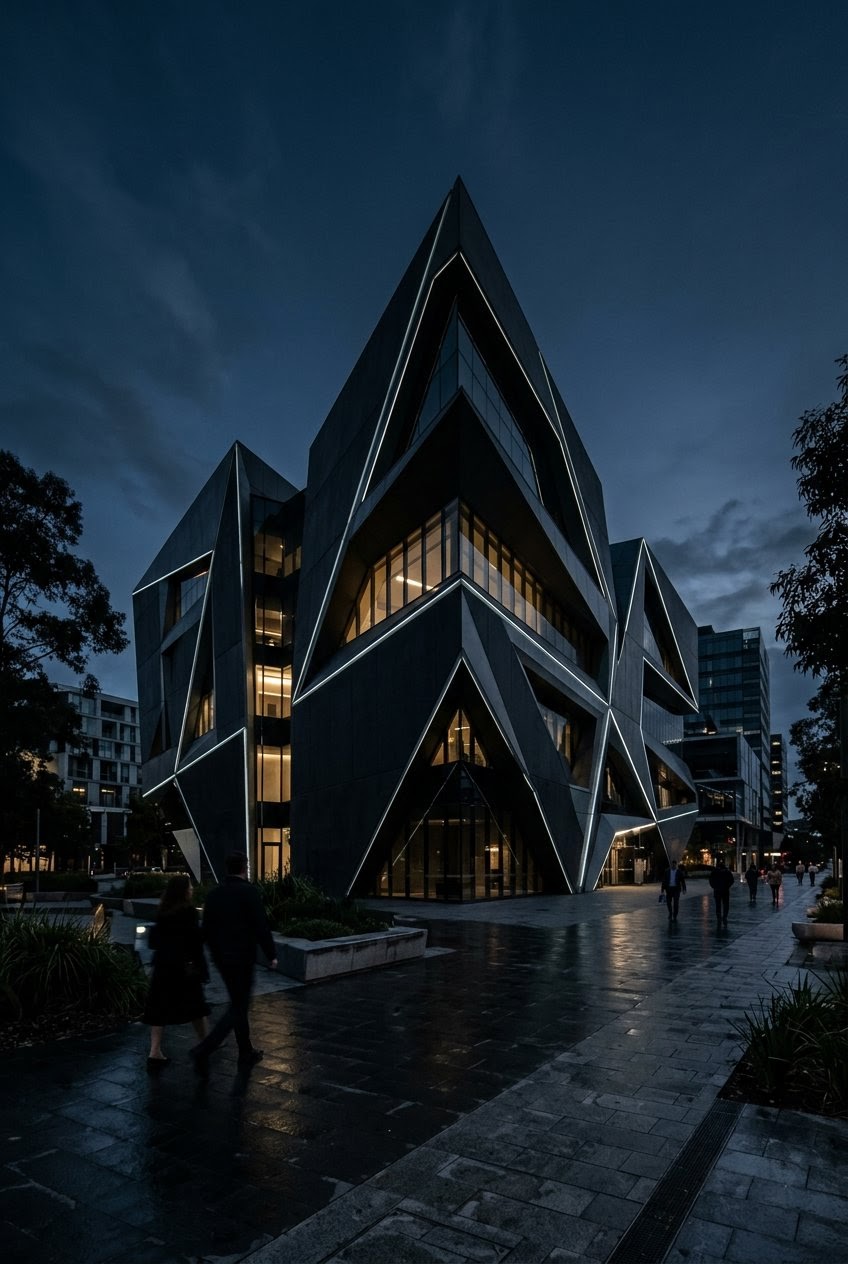 A modern, angular building with glowing white trim at dusk.