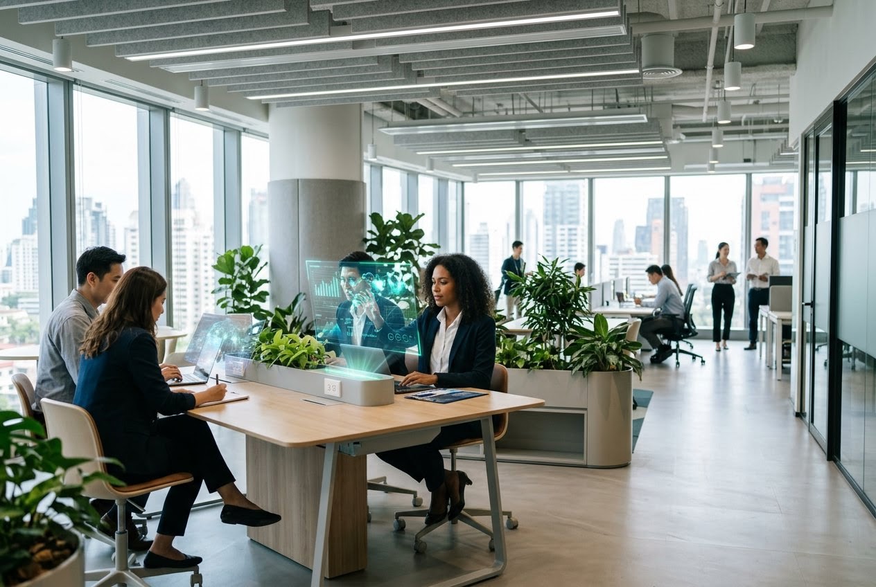 Professionals working in a modern office environment.
